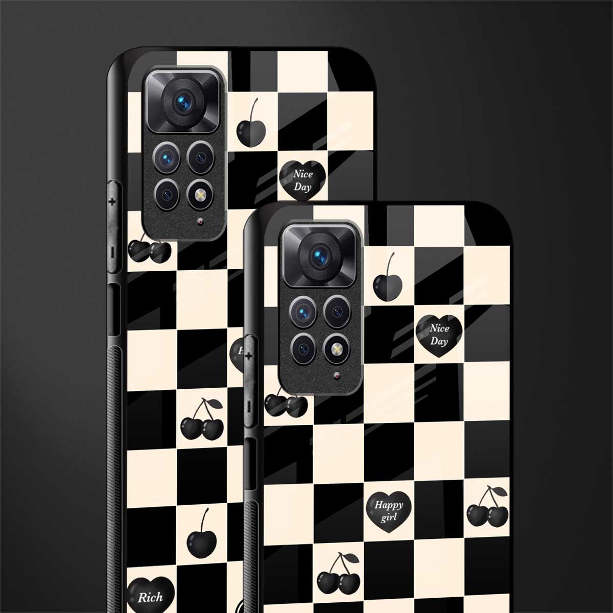 black cherries check pattern back phone cover | glass case for redmi note 11 pro plus 4g/5g