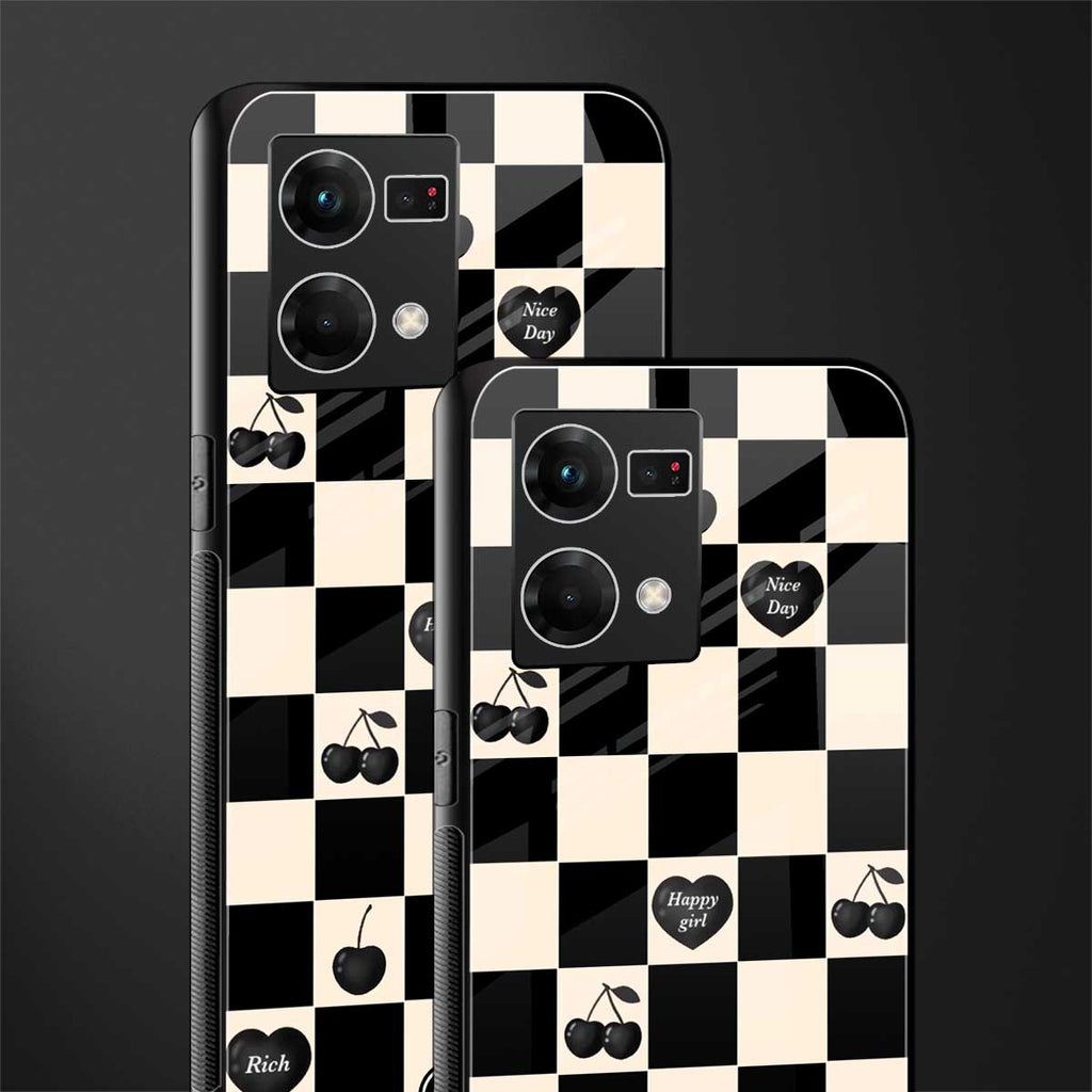 black cherries check pattern back phone cover | glass case for oppo f21 pro 4g
