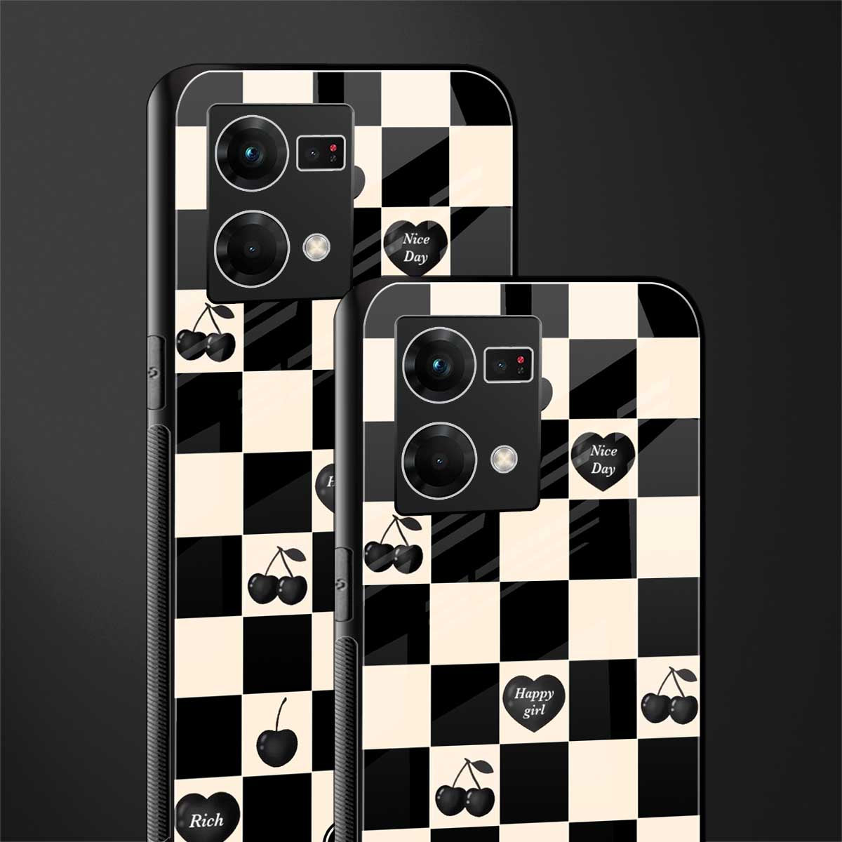 black cherries check pattern back phone cover | glass case for oppo f21 pro 4g