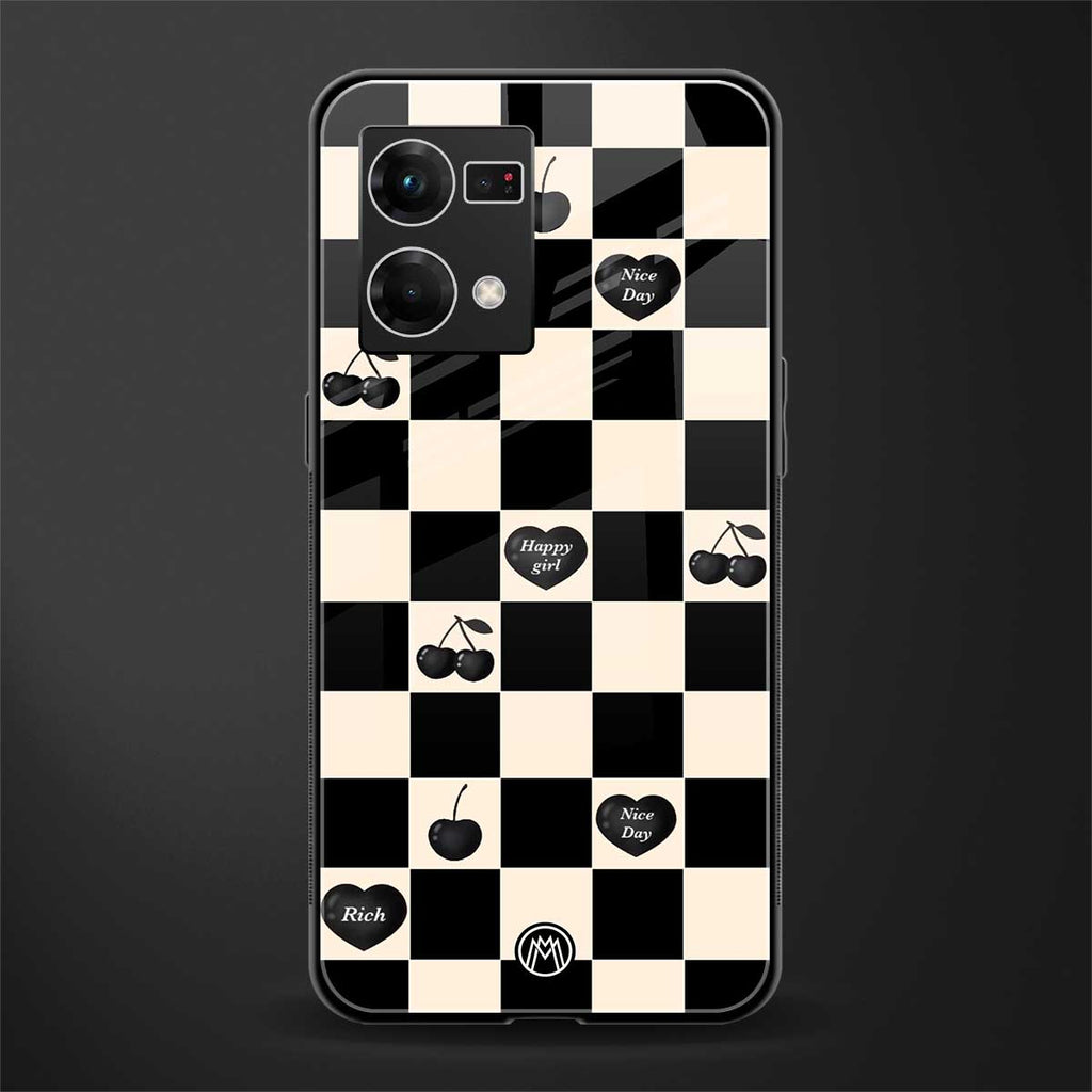 black cherries check pattern back phone cover | glass case for oppo f21 pro 4g