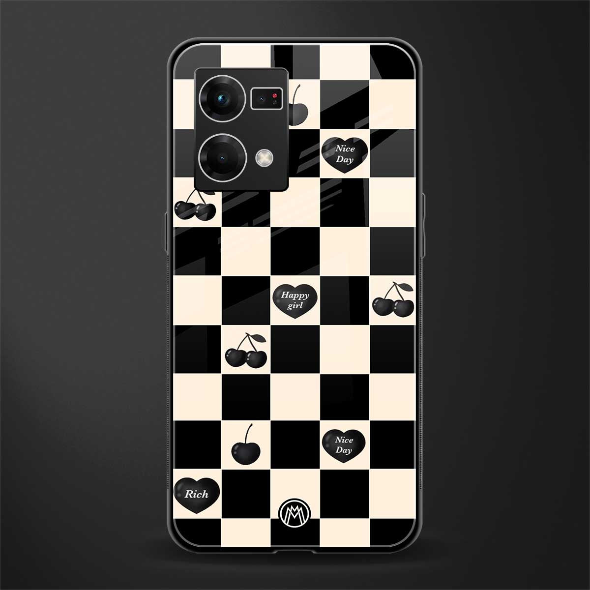 black cherries check pattern back phone cover | glass case for oppo f21 pro 4g