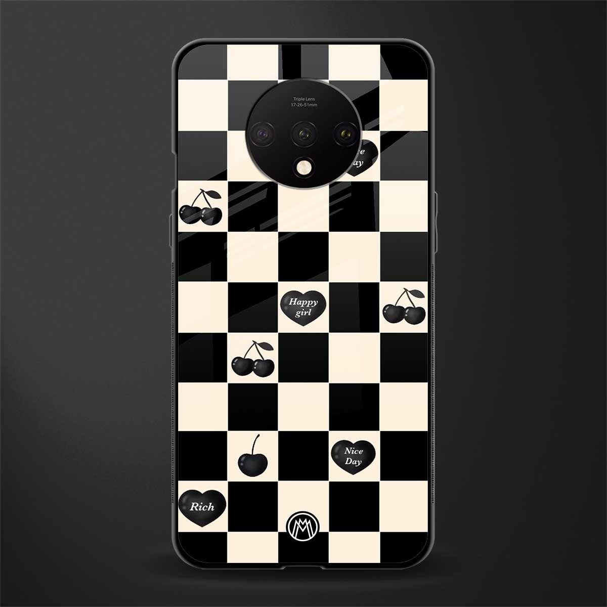 black cherries check pattern glass case for oneplus 7t image