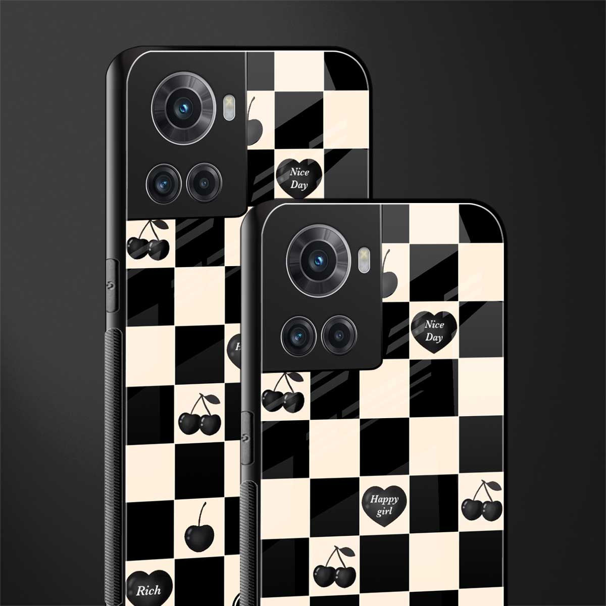 black cherries check pattern back phone cover | glass case for oneplus 10r 5g