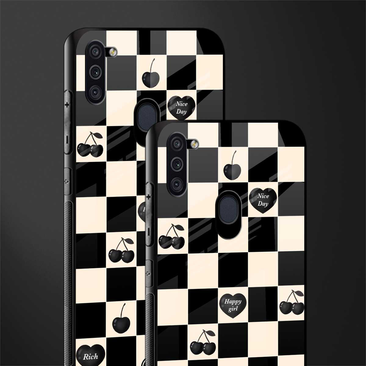 black cherries check pattern glass case for samsung galaxy m11 image-2