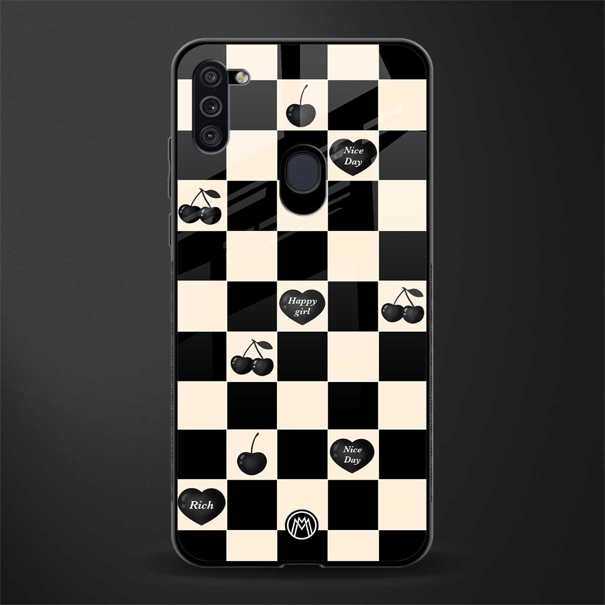 black cherries check pattern glass case for samsung galaxy m11 image