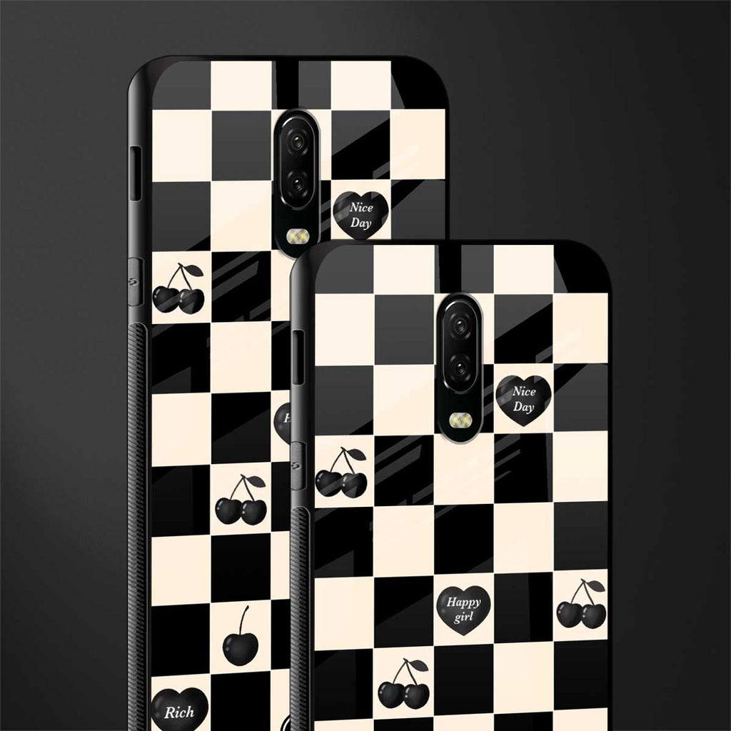 black cherries check pattern glass case for oneplus 6t image-2