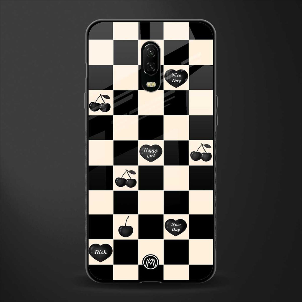 black cherries check pattern glass case for oneplus 6t image