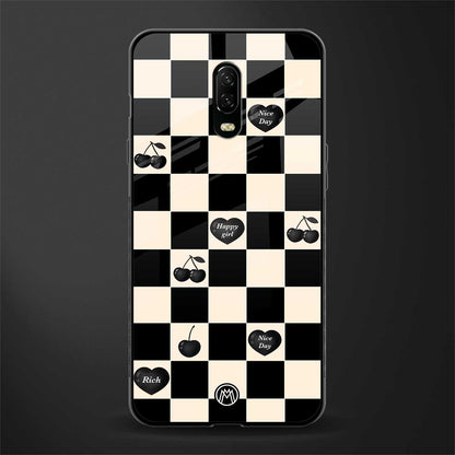black cherries check pattern glass case for oneplus 6t image