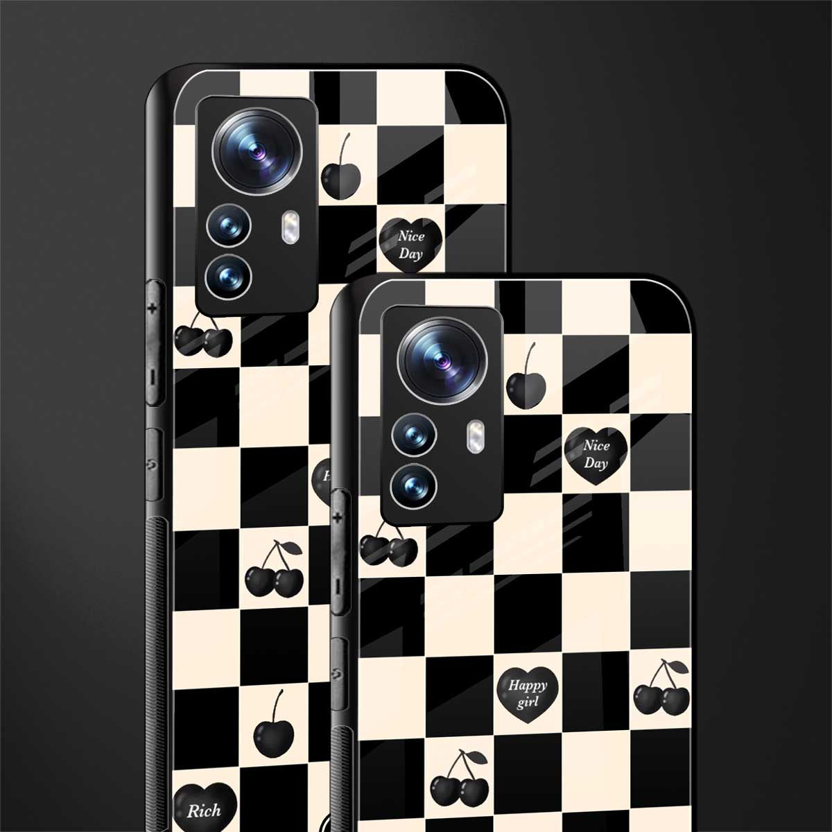 black cherries check pattern back phone cover | glass case for xiaomi 12 pro