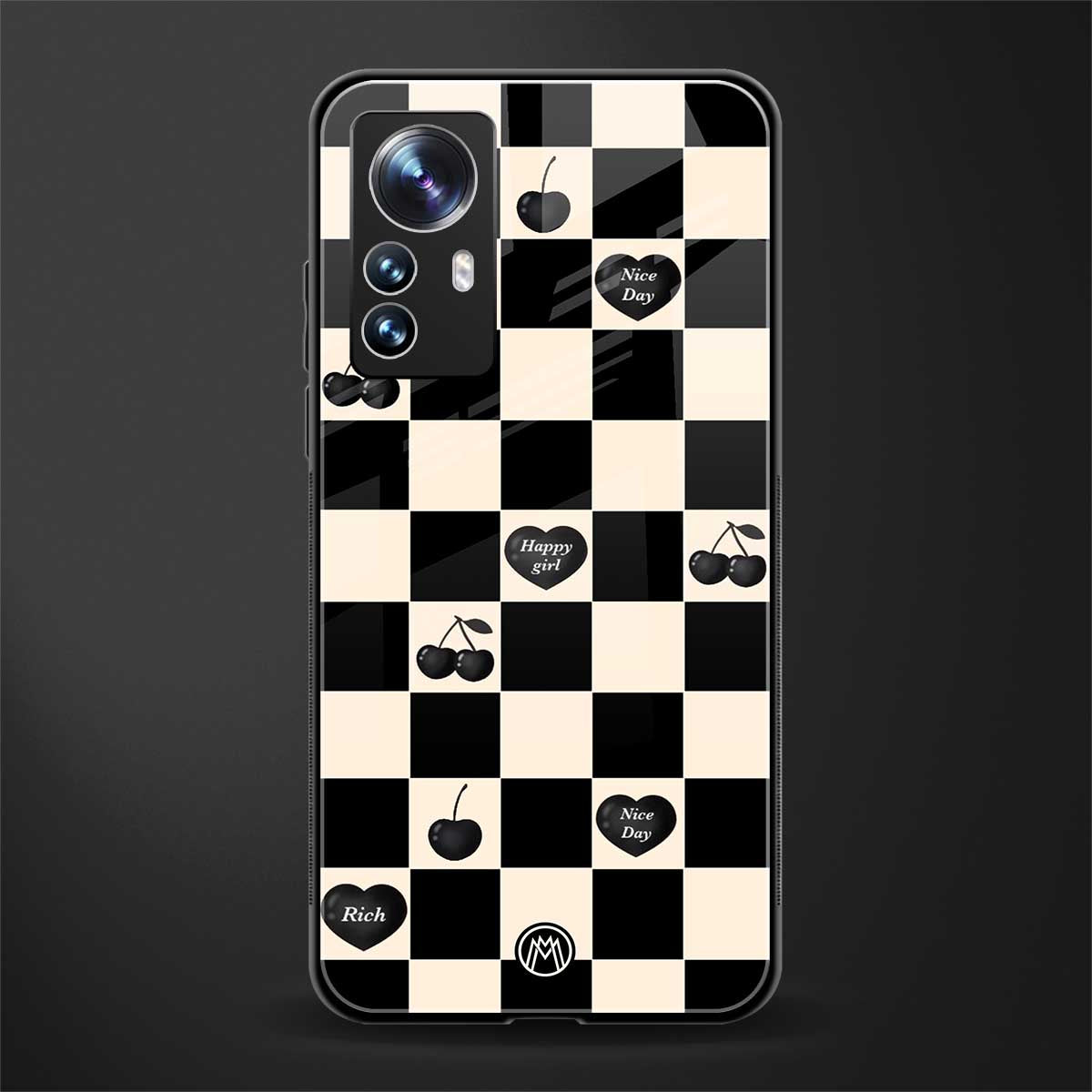 black cherries check pattern back phone cover | glass case for xiaomi 12 pro