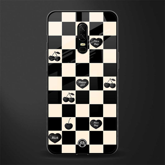 black cherries check pattern glass case for oneplus 6 image