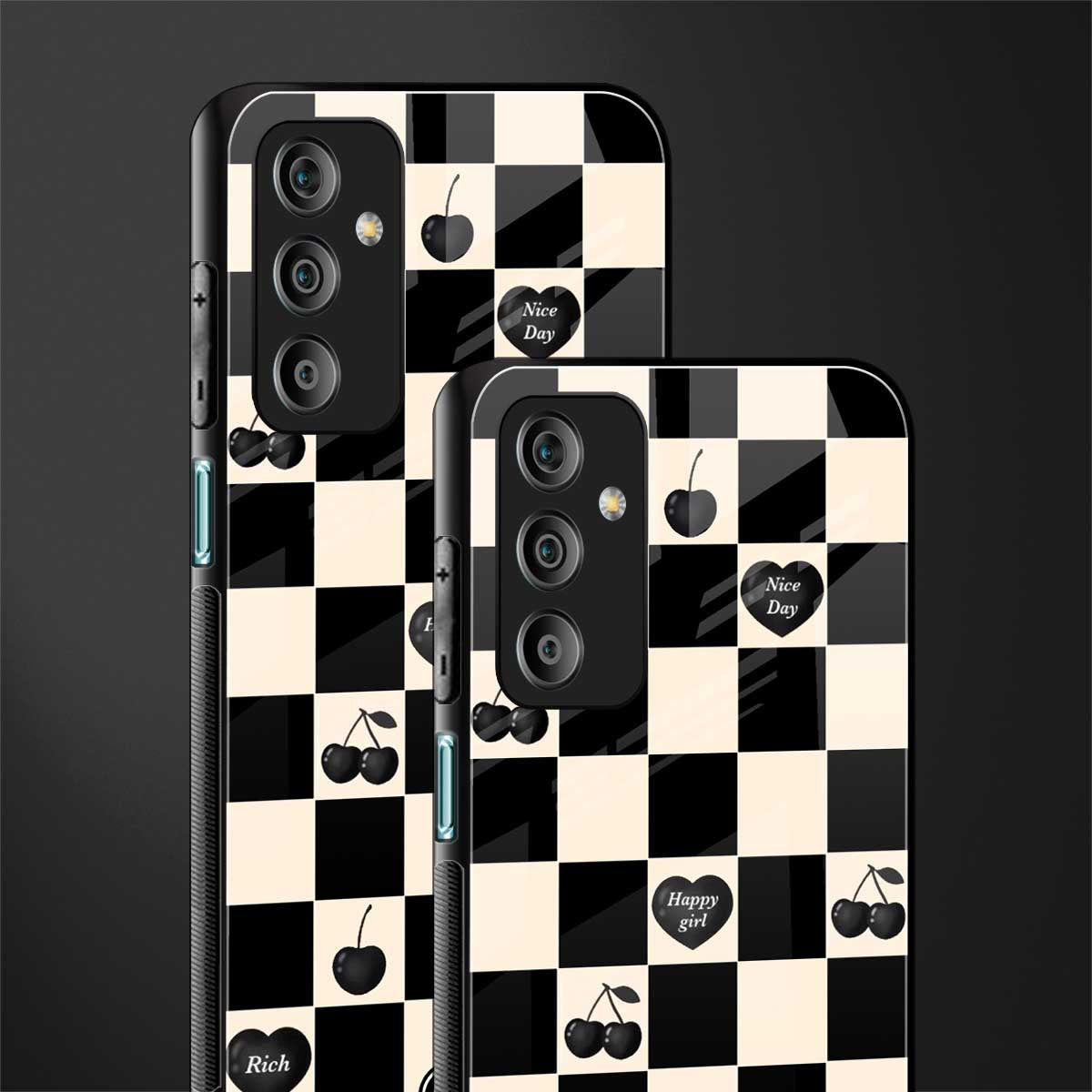 black cherries check pattern back phone cover | glass case for samsung galaxy f23 5g