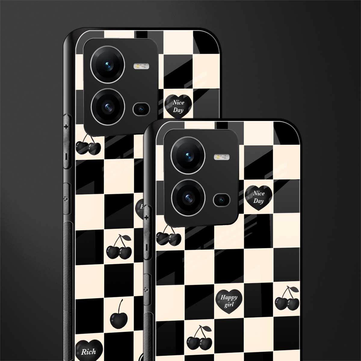 black cherries check pattern back phone cover | glass case for vivo v25-5g