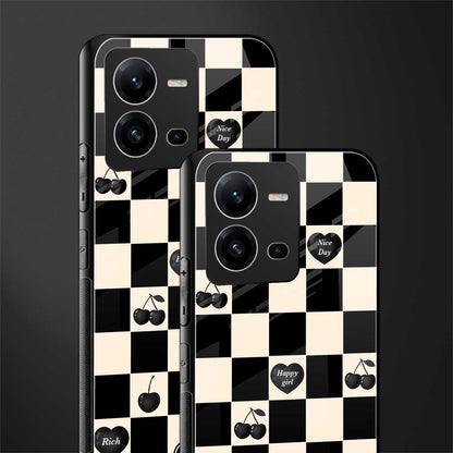black cherries check pattern back phone cover | glass case for vivo v25-5g