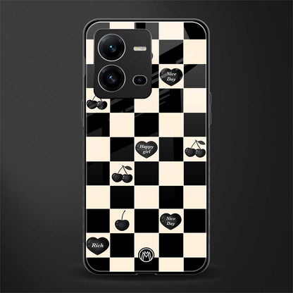 black cherries check pattern back phone cover | glass case for vivo v25-5g