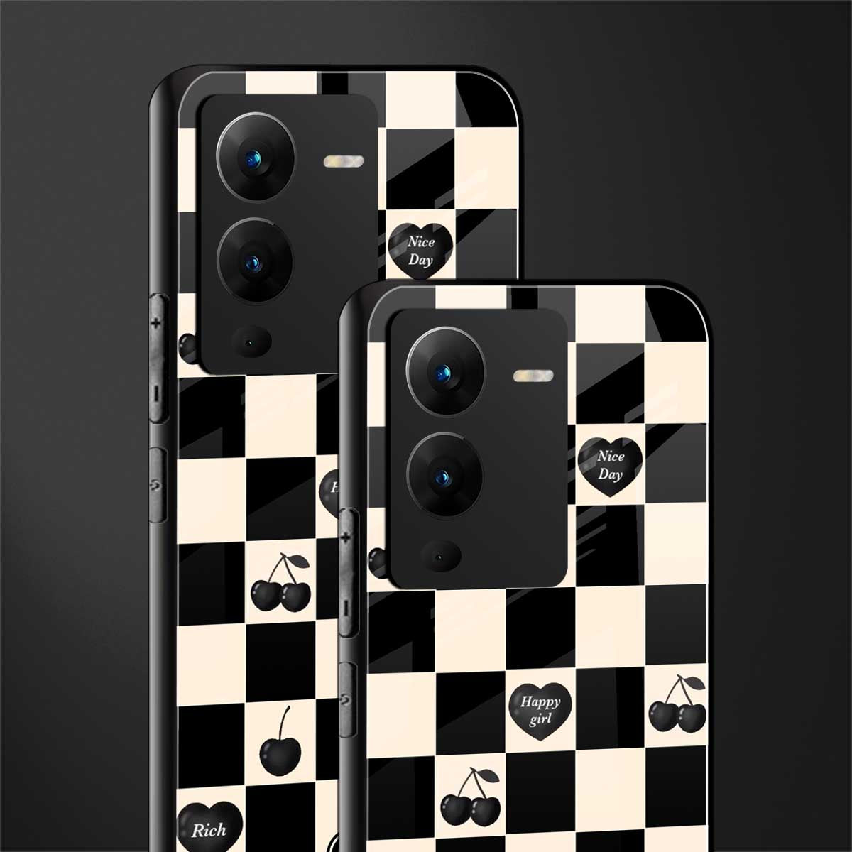 black cherries check pattern back phone cover | glass case for vivo v25 pro 5g