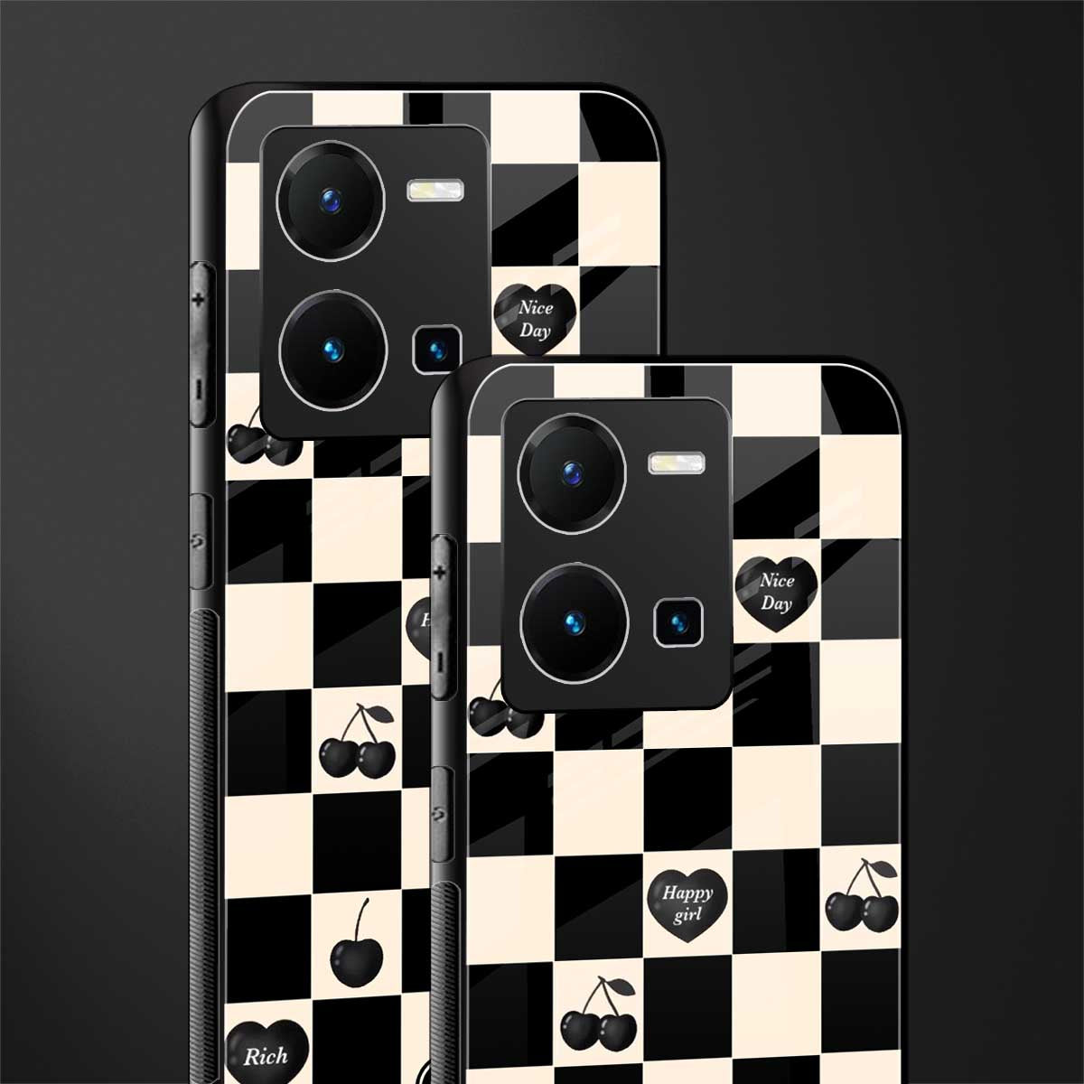 black cherries check pattern back phone cover | glass case for vivo y35 4g