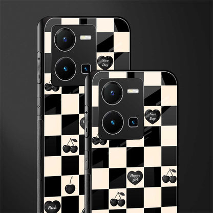black cherries check pattern back phone cover | glass case for vivo y35 4g