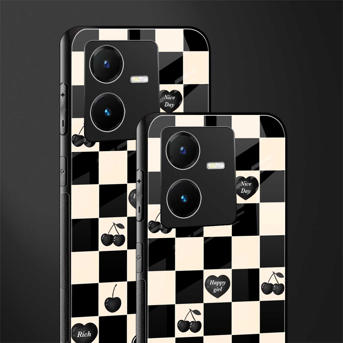 black cherries check pattern back phone cover | glass case for vivo y22