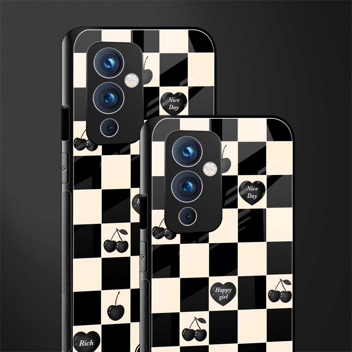 black cherries check pattern back phone cover | glass case for oneplus 9