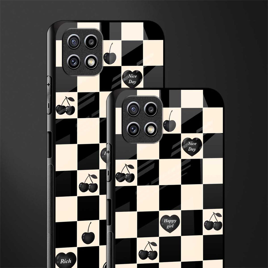 black cherries check pattern back phone cover | glass case for samsung galaxy f42