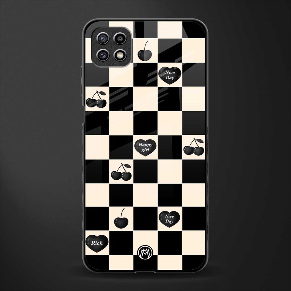 black cherries check pattern back phone cover | glass case for samsung galaxy f42
