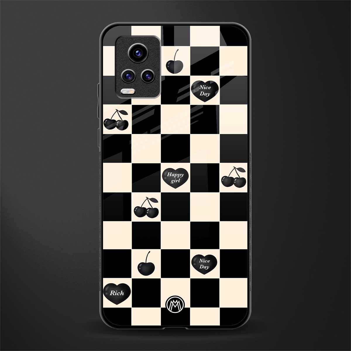 black cherries check pattern back phone cover | glass case for vivo v21e 4g