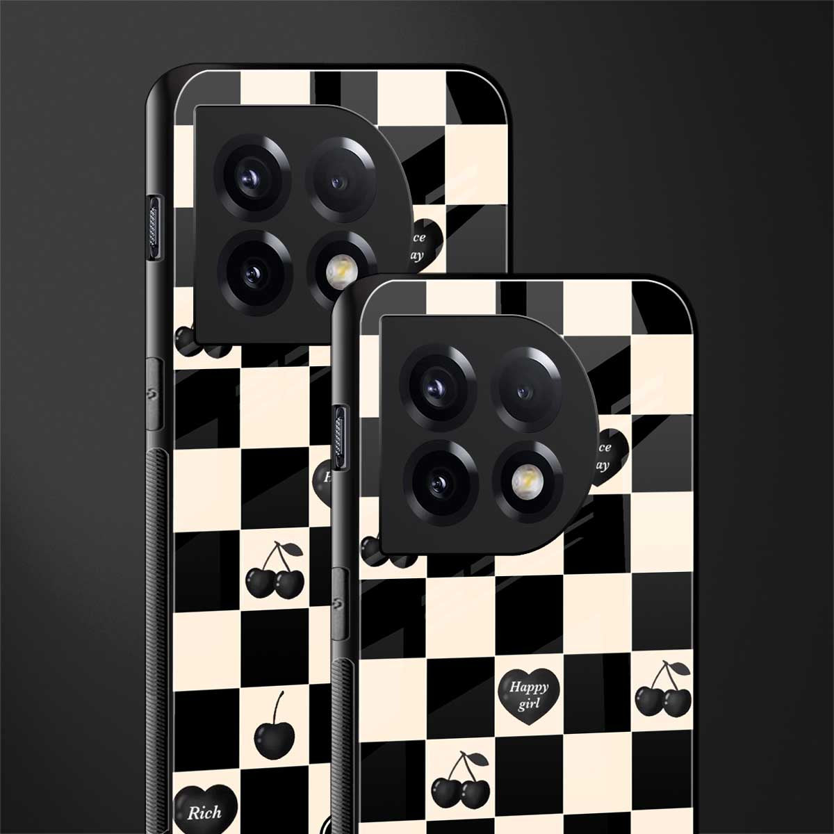black cherries check pattern back phone cover | glass case for oneplus 11