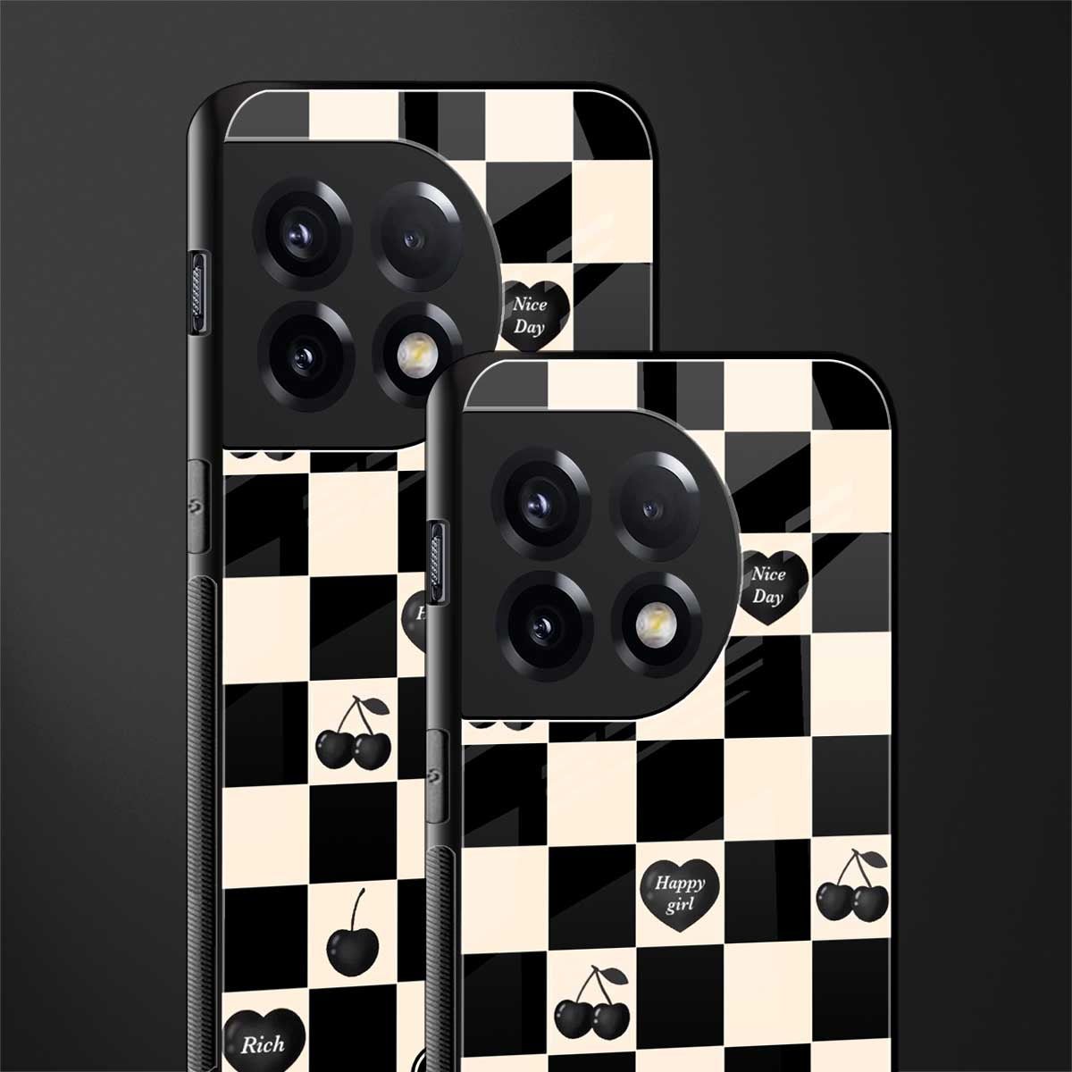 black cherries check pattern back phone cover | glass case for oneplus 11r