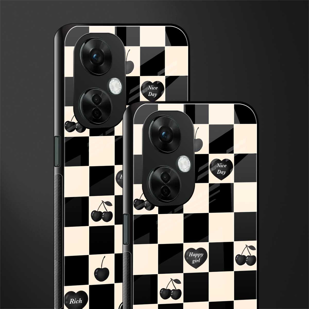 black cherries check pattern back phone cover | glass case for oneplus nord ce 3 lite