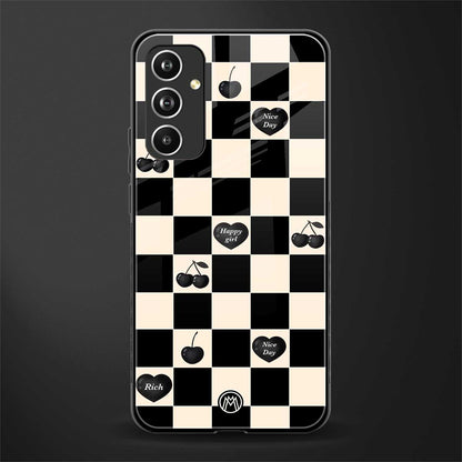 black cherries check pattern back phone cover | glass case for samsung galaxy a54 5g