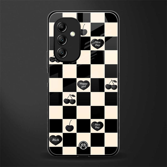 black cherries check pattern back phone cover | glass case for samsung galaxy a14 5g