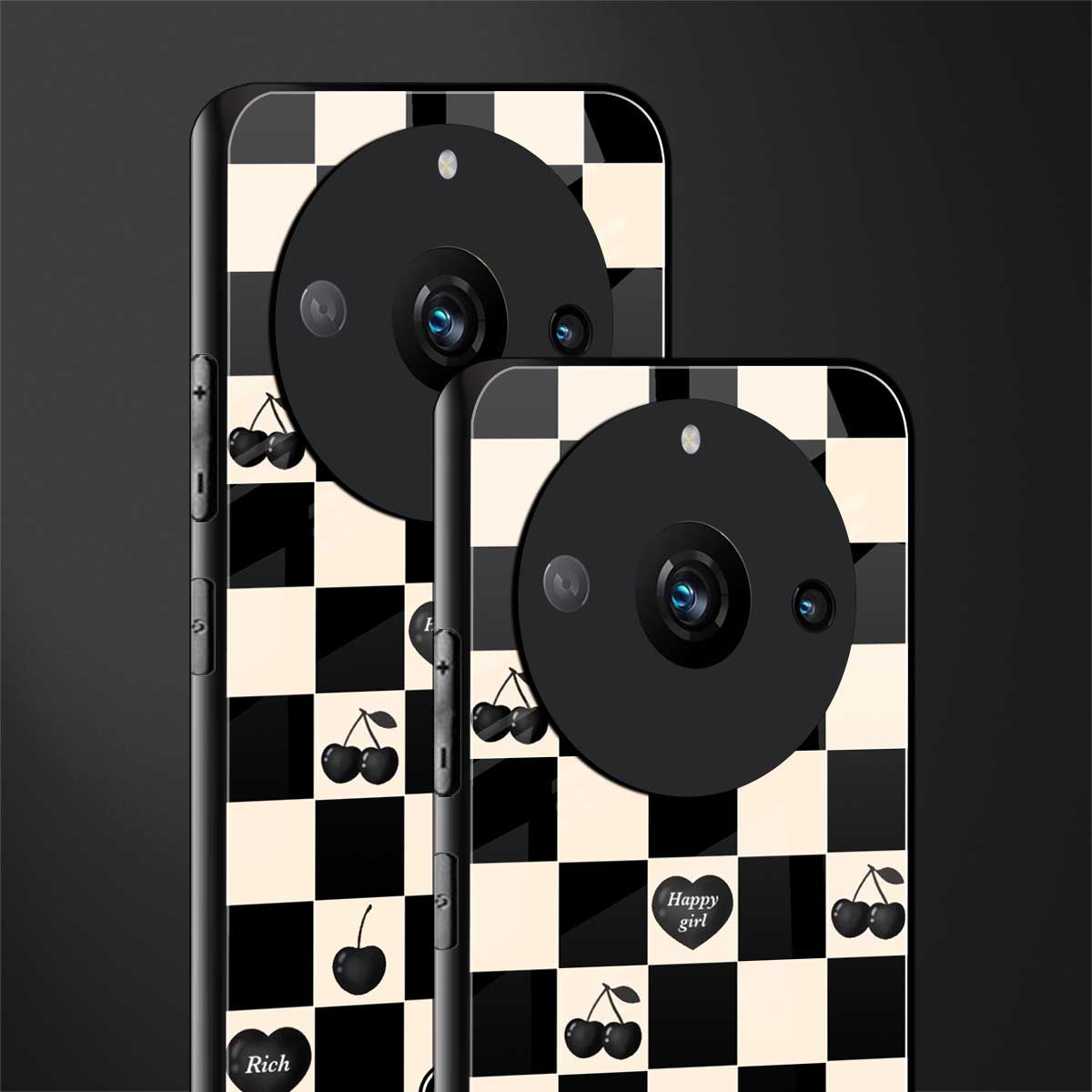 black cherries check pattern back phone cover | glass case for realme 11 pro 5g
