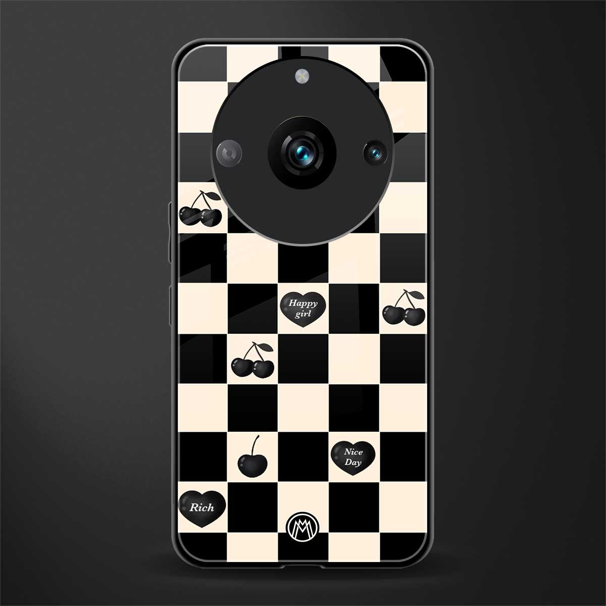 black cherries check pattern back phone cover | glass case for realme 11 pro 5g