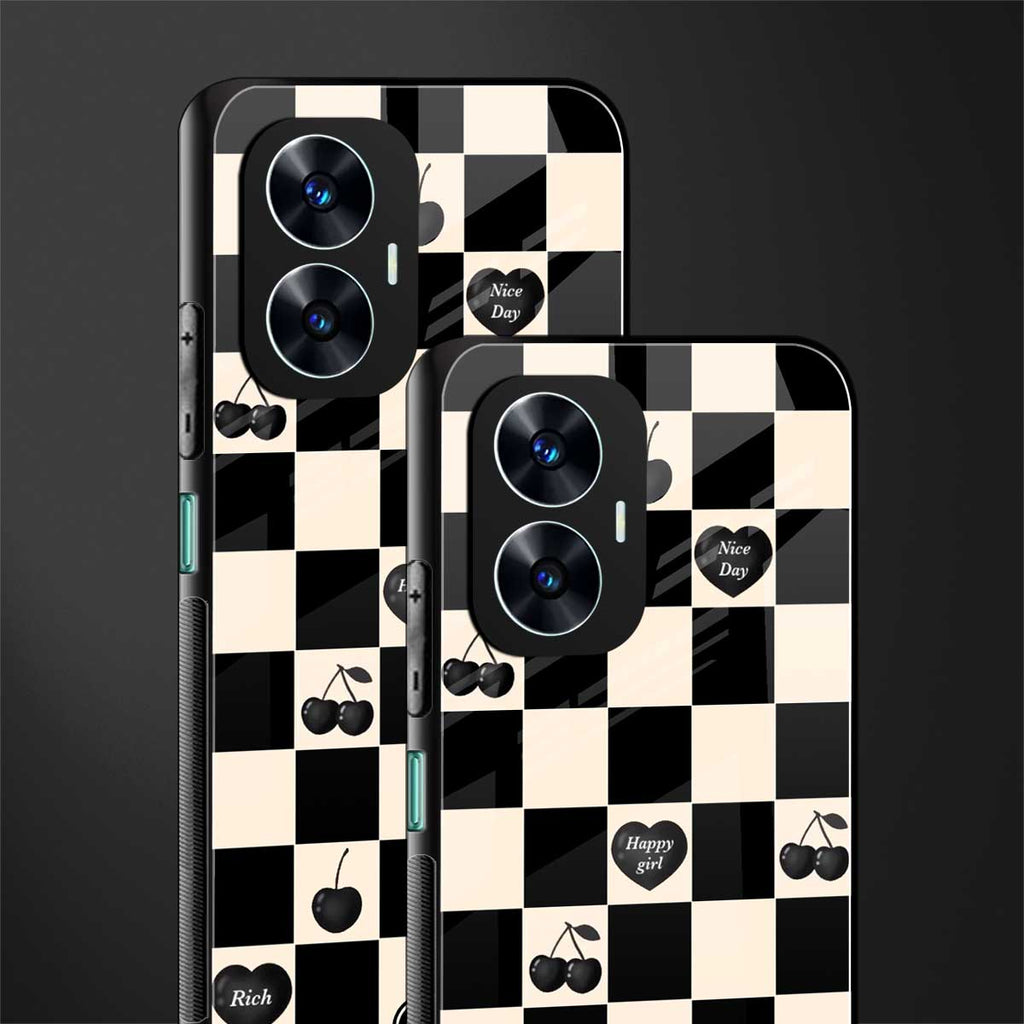 black cherries check pattern back phone cover | glass case for realme c55