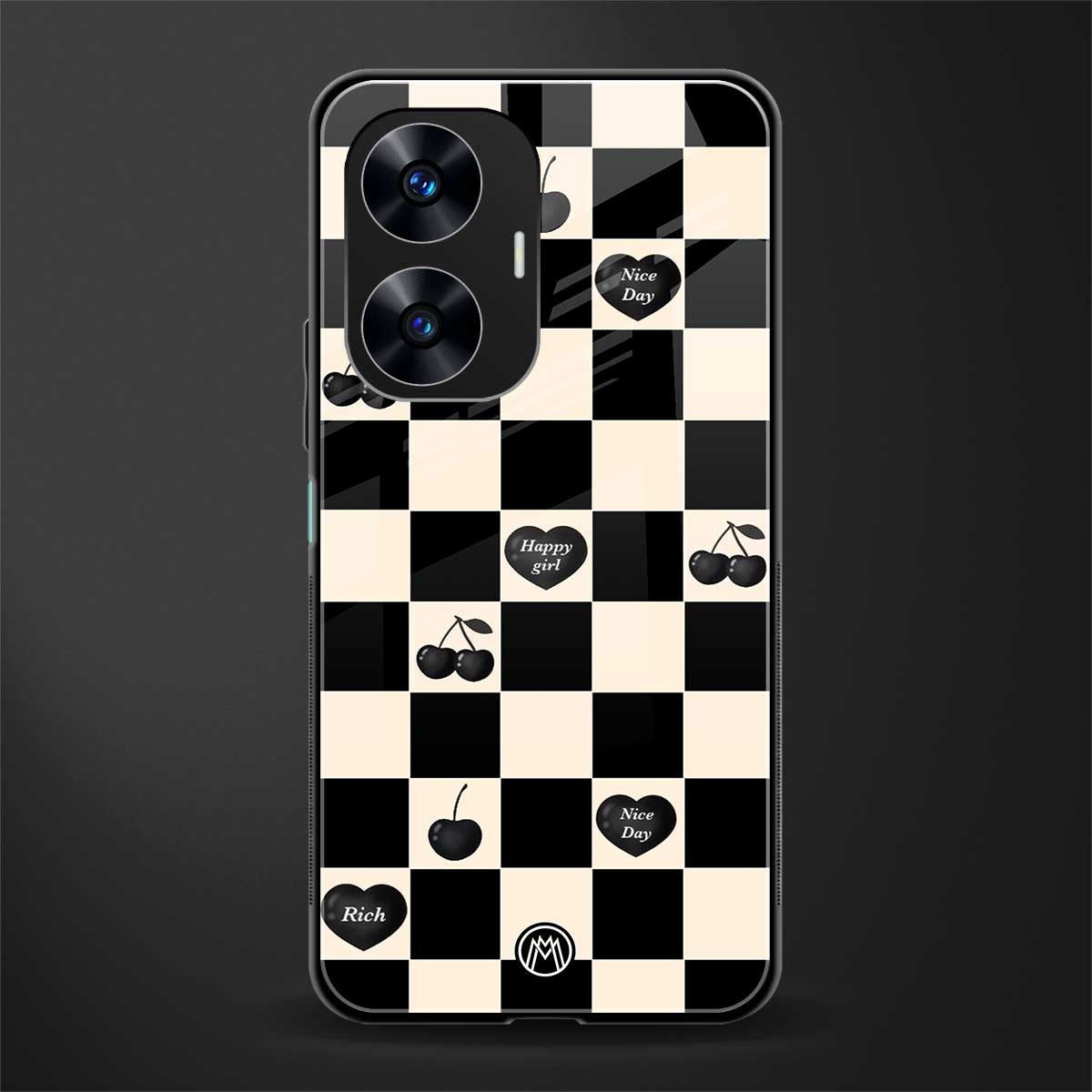 black cherries check pattern back phone cover | glass case for realme c55
