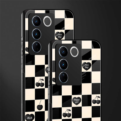 black cherries check pattern back phone cover | glass case for vivo v27 pro 5g