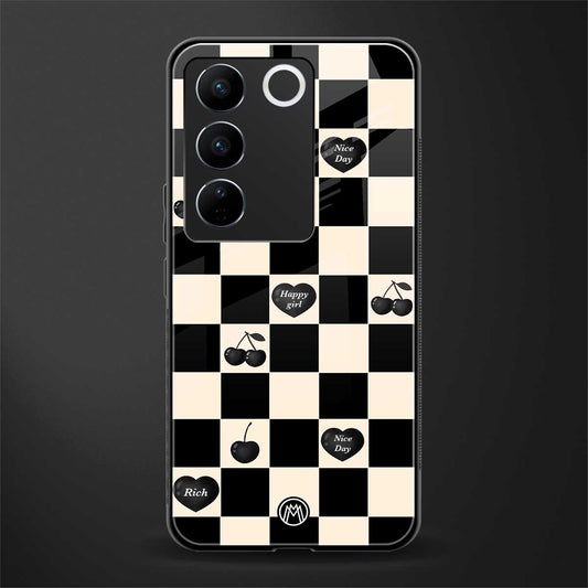 black cherries check pattern back phone cover | glass case for vivo v27 pro 5g