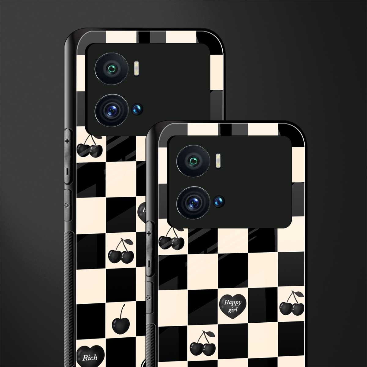 black cherries check pattern back phone cover | glass case for iQOO 9 Pro
