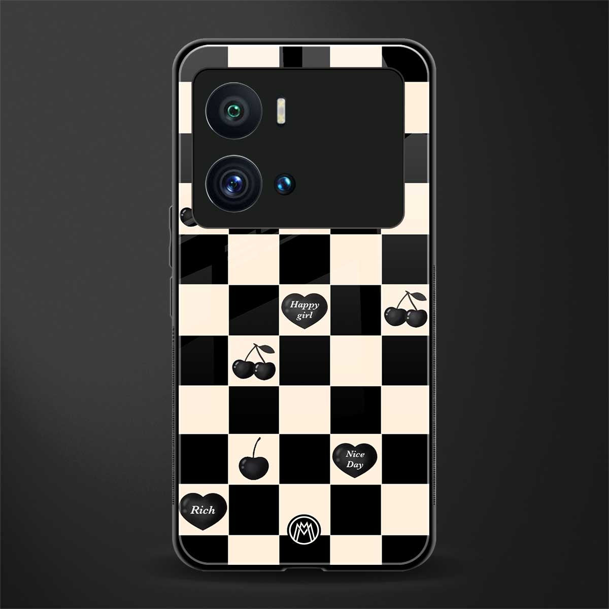 black cherries check pattern back phone cover | glass case for iQOO 9 Pro