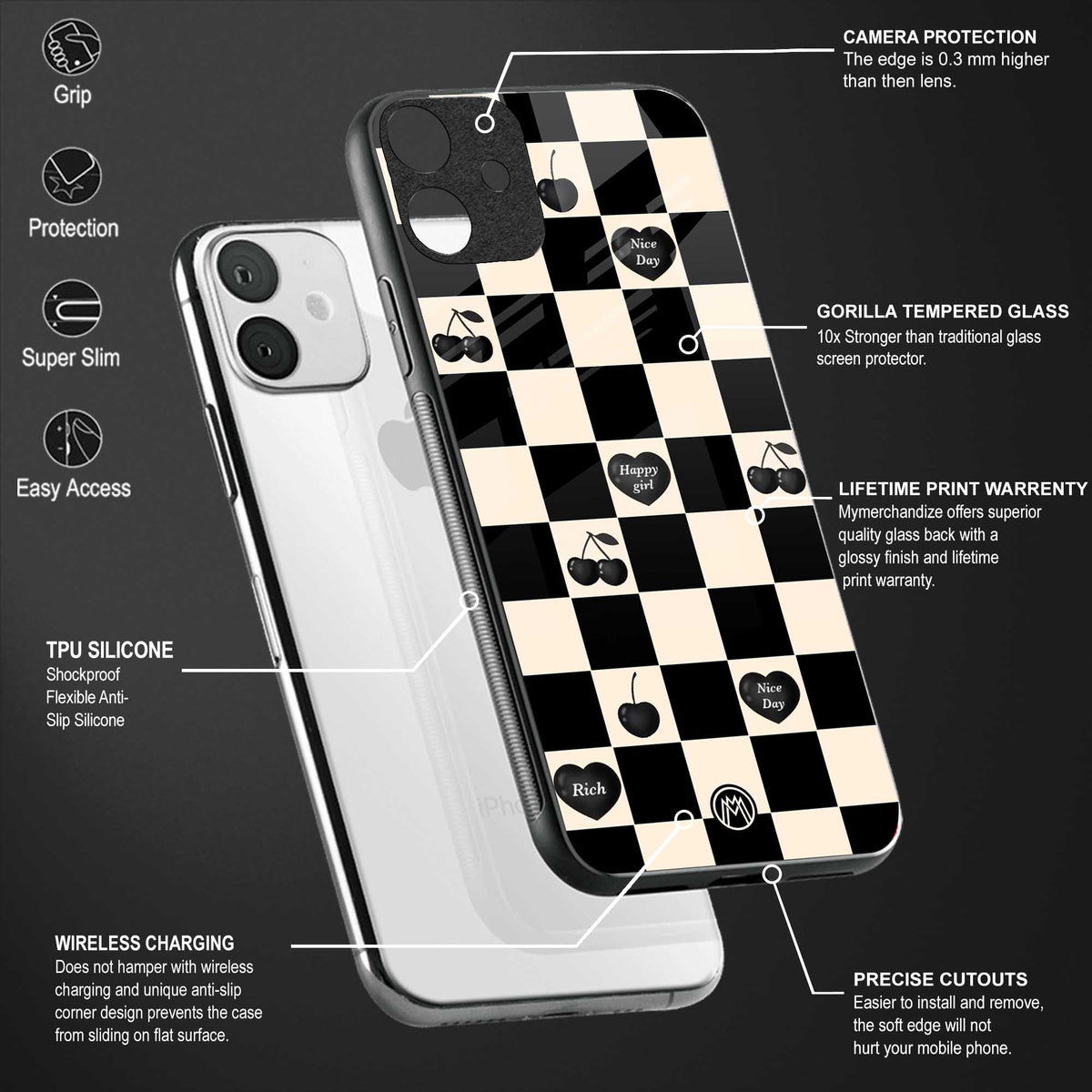 black cherries check pattern glass case for oneplus 8t image-4