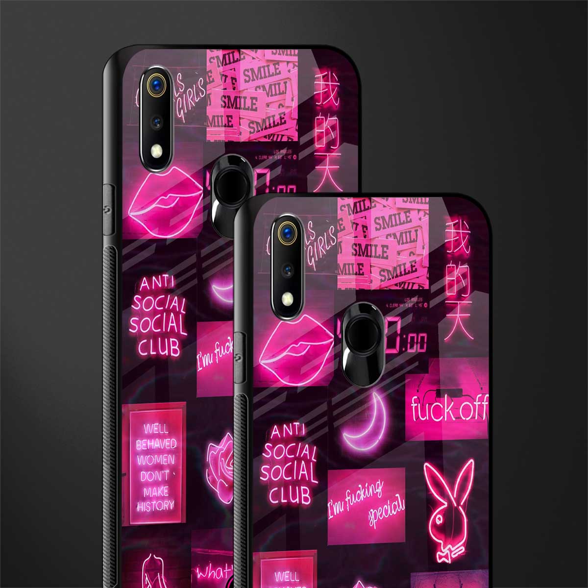 black pink aesthetic collage glass case for realme 3 pro image-2