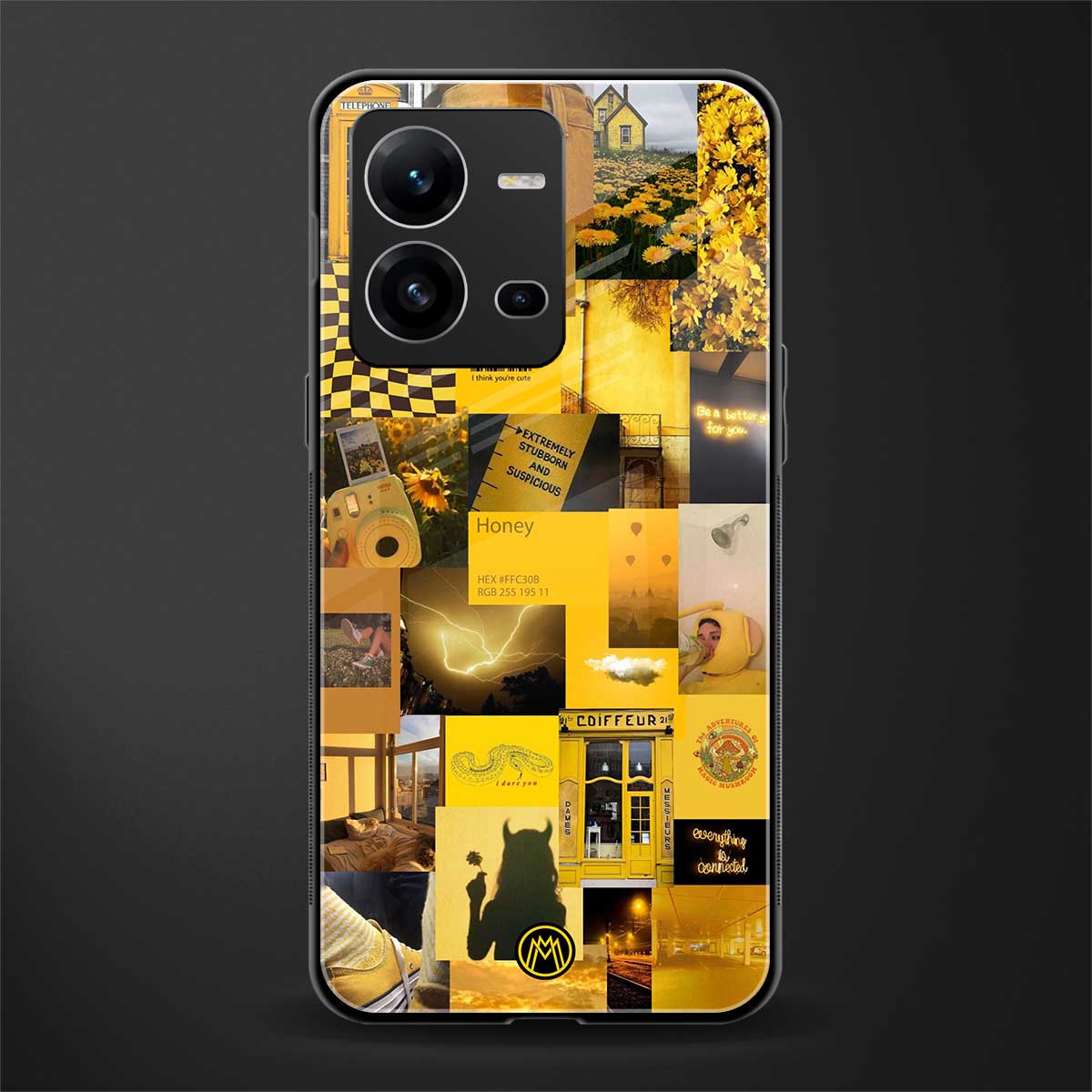 black yellow aesthetic collage back phone cover | glass case for vivo v25-5g