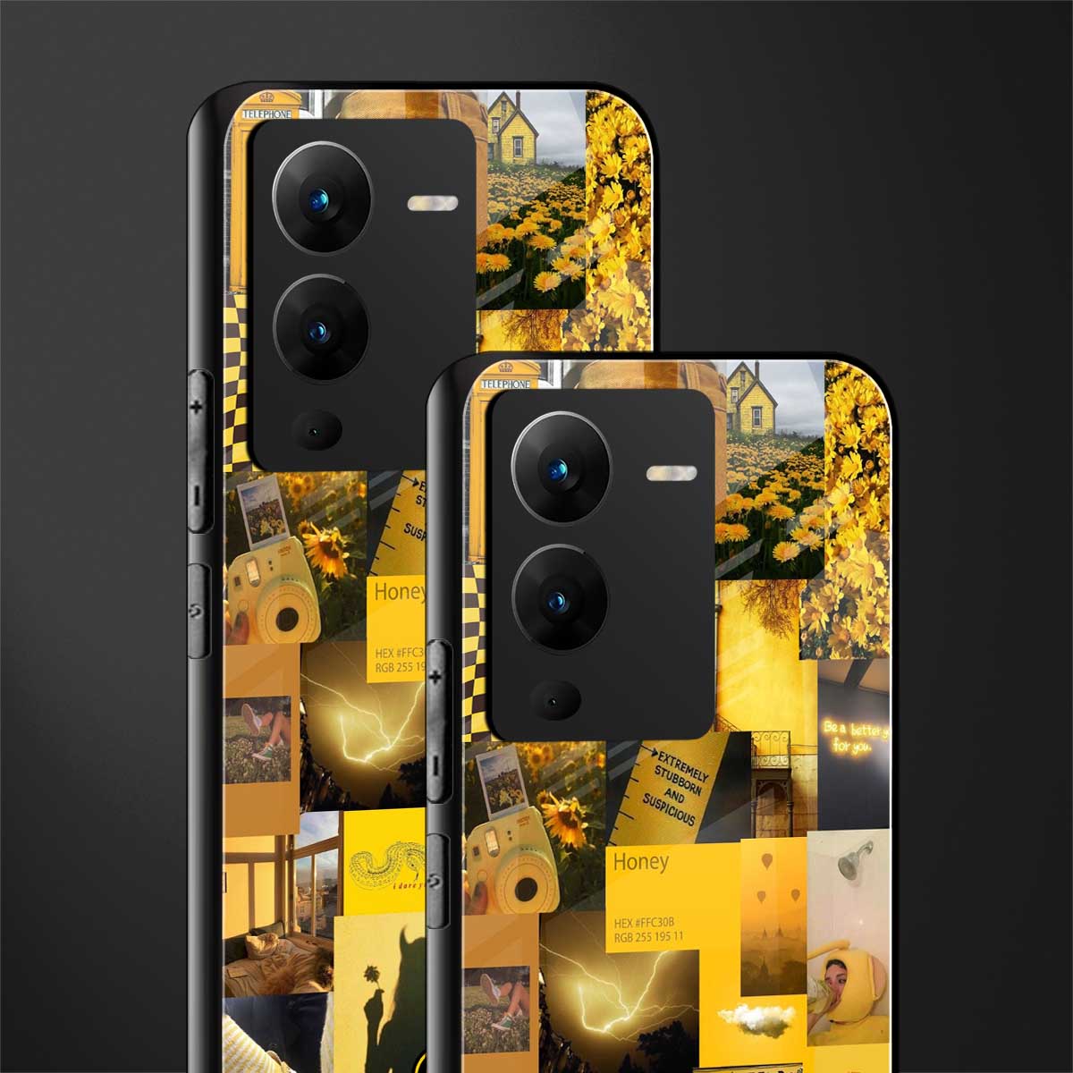 black yellow aesthetic collage back phone cover | glass case for vivo v25 pro 5g