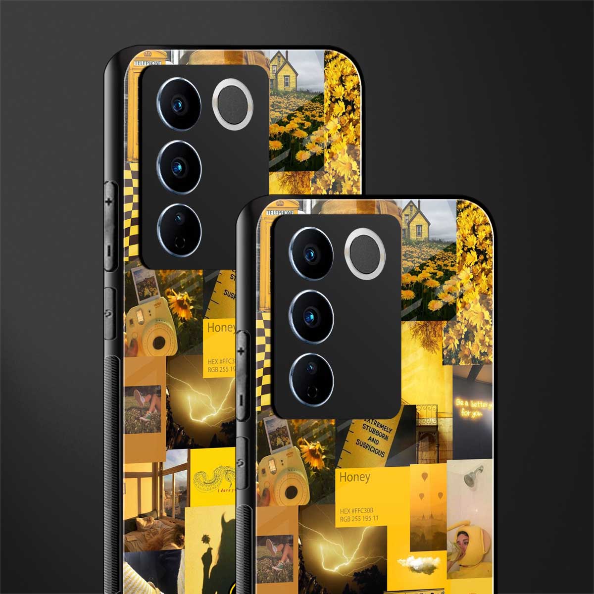 black yellow aesthetic collage back phone cover | glass case for vivo v27 pro 5g