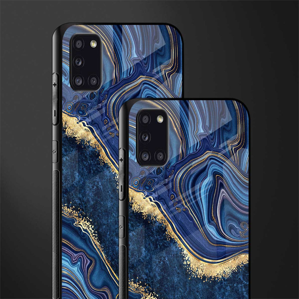 blue gold liquid marble glass case for samsung galaxy a31 image-2