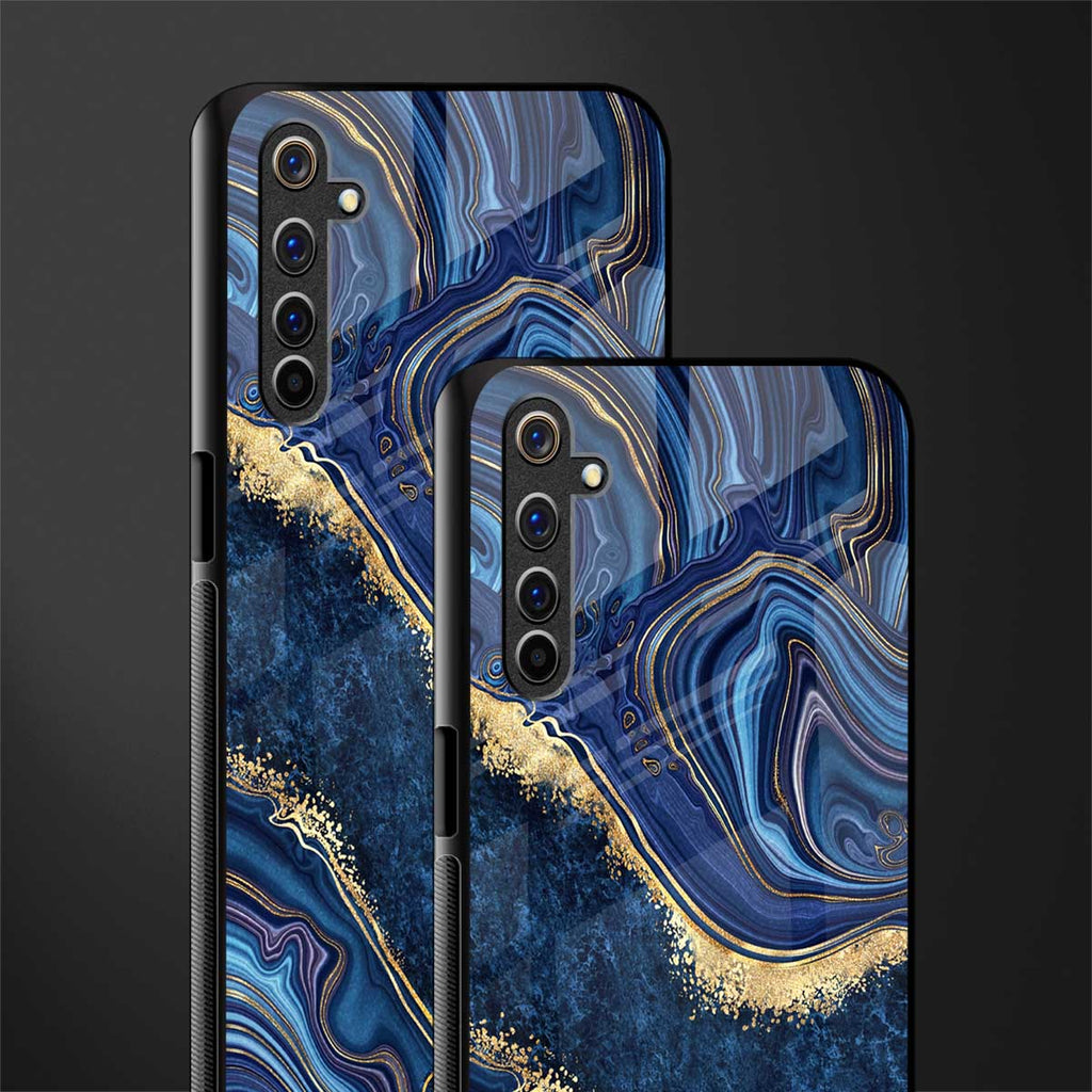 blue gold liquid marble glass case for realme 6 pro image-2