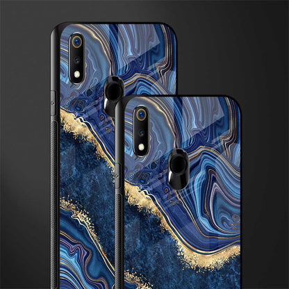 blue gold liquid marble glass case for realme 3 pro image-2