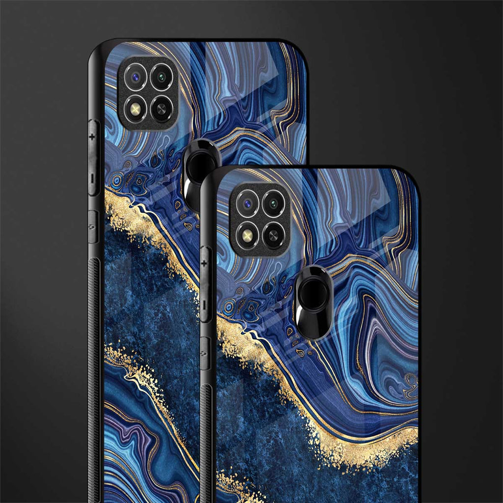 blue gold liquid marble glass case for redmi 9c image-2