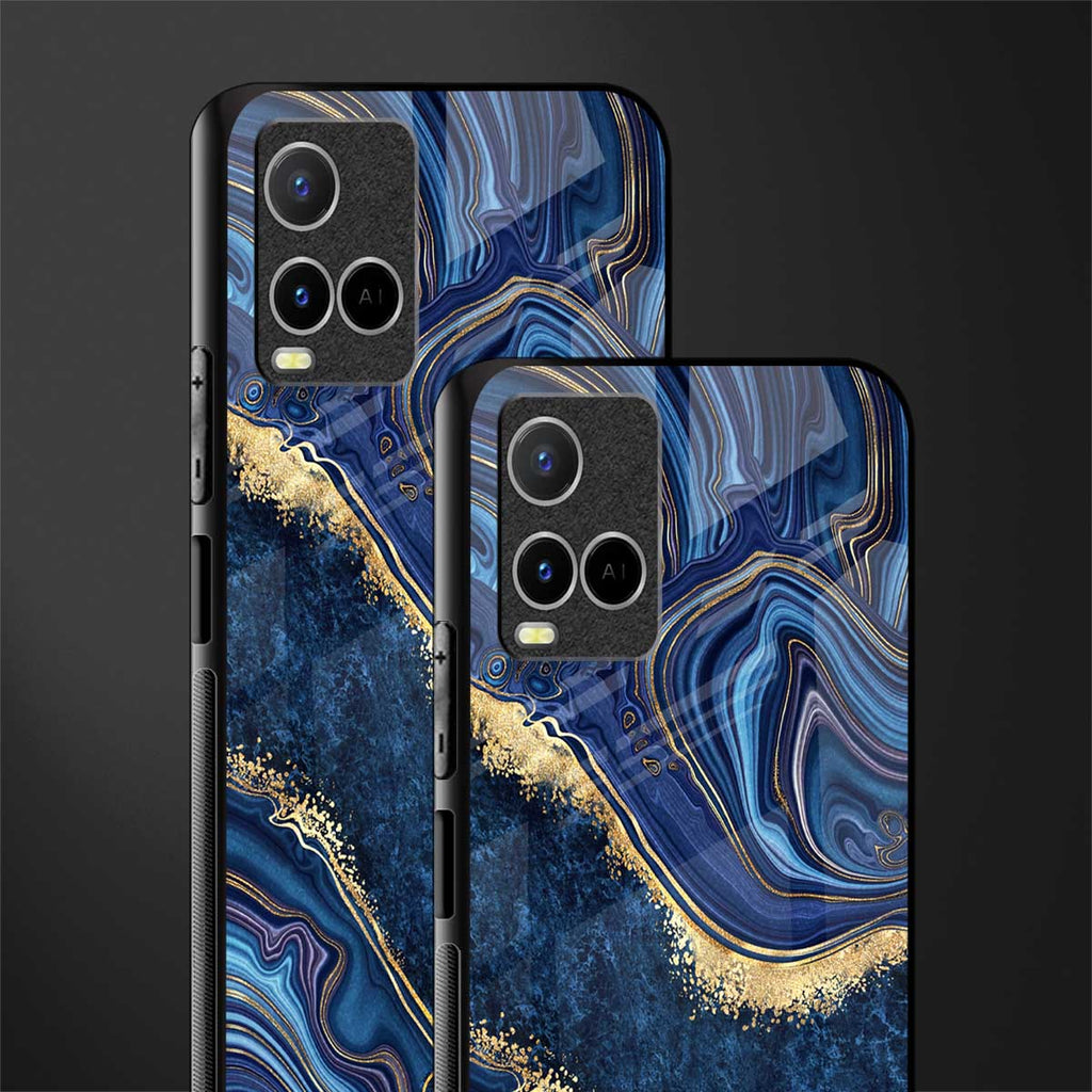 blue gold liquid marble glass case for vivo y21s image-2